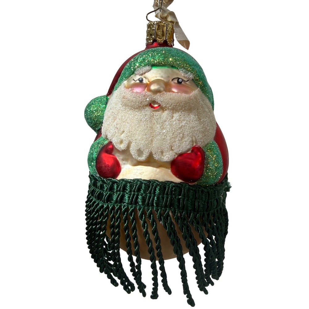 Christborn Germany Glass Santa Claus Christmas Ornament with Green Fringe 5.5"